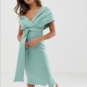 Blush, off the shoulder midi dress